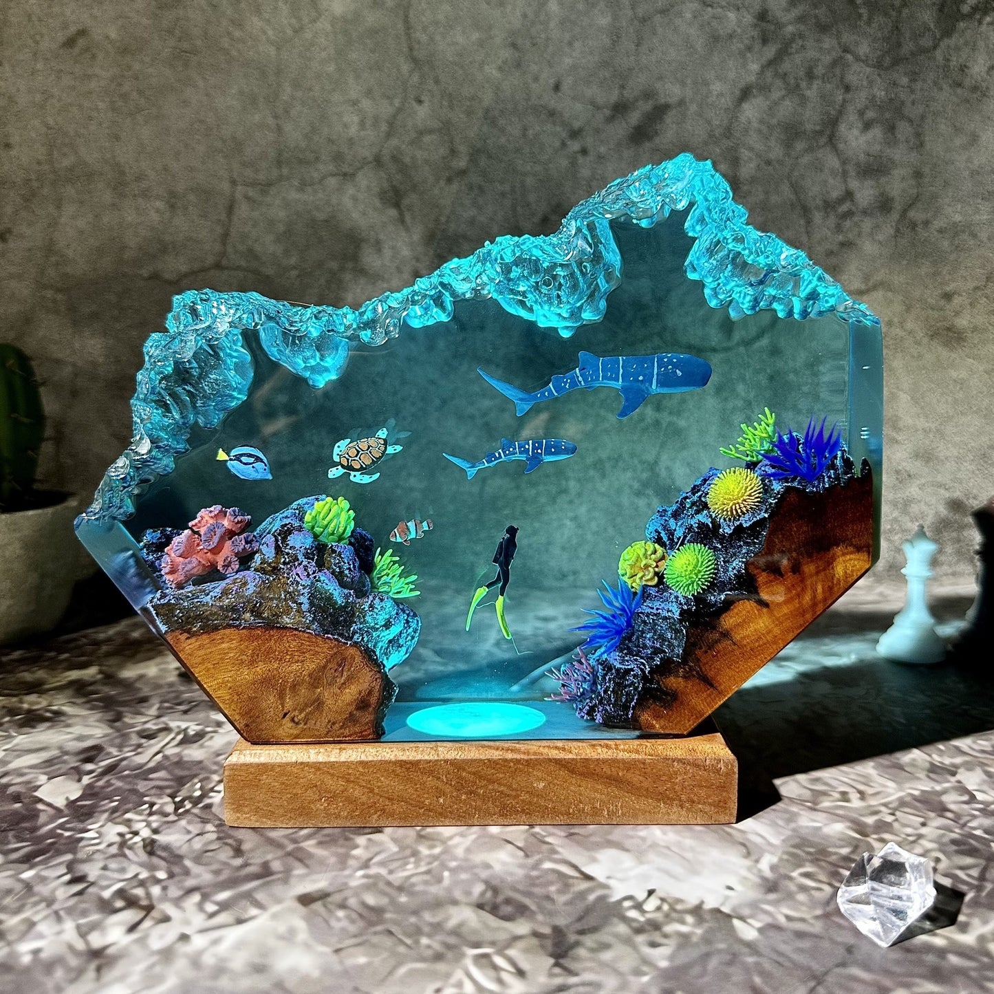 Whale sharks and turtle resin lamp, table decor lamp, ocean resin, handmade resin gifts, home decor