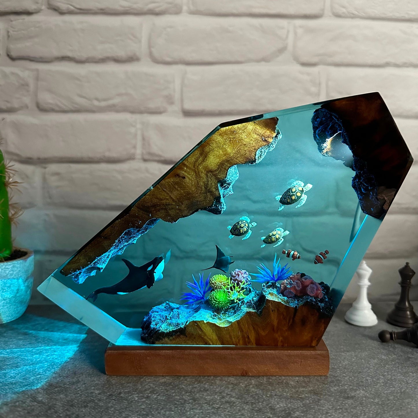 Orca resin epoxy night light, turtles resin art lamp, handmade resin gift