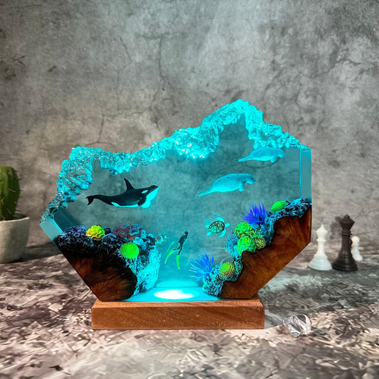 Orca shark and Manatees resin epoxy night light, resin custom gifts, ocean decor lamp, gift for her, home decor
