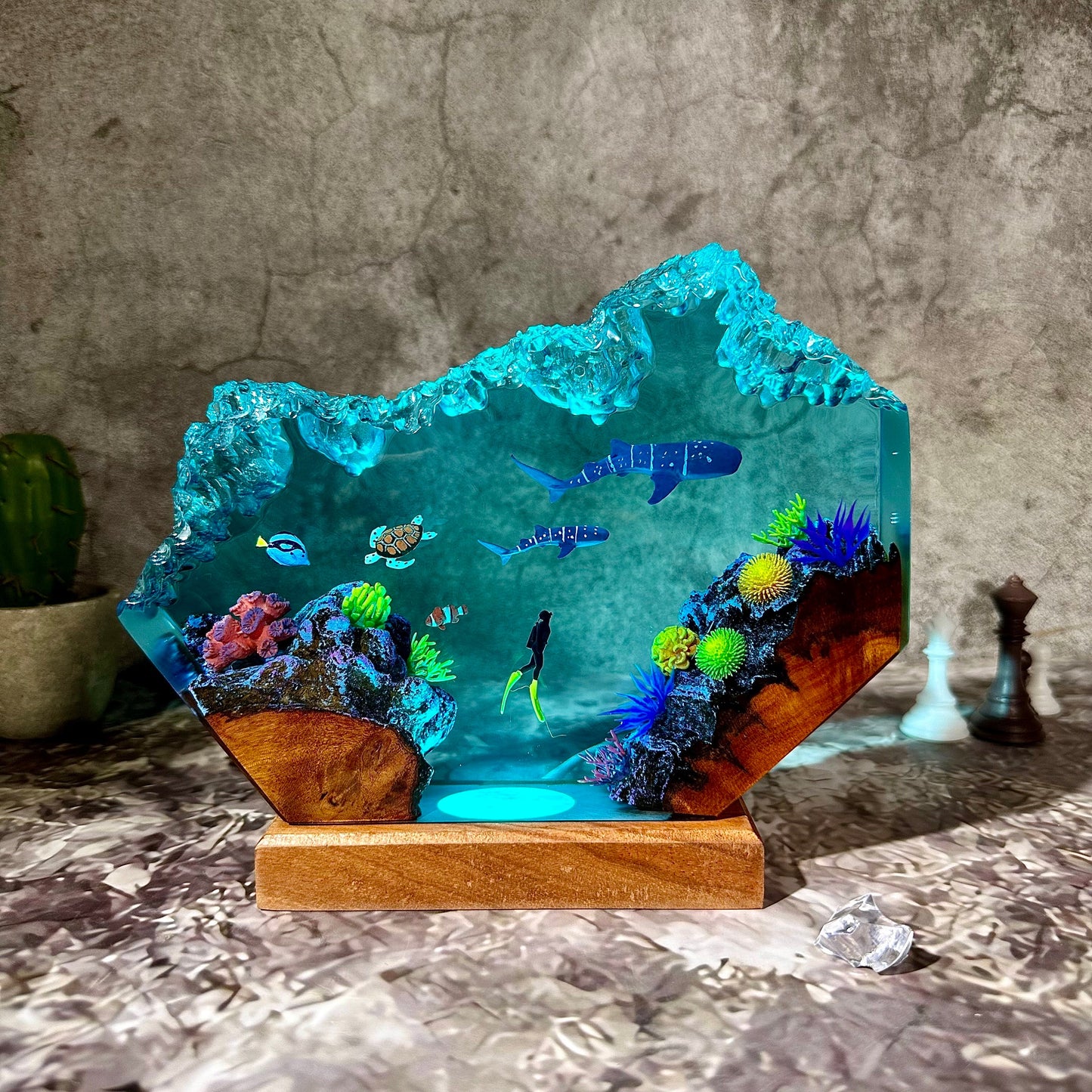 Whale sharks and turtle resin lamp, table decor lamp, ocean resin, handmade resin gifts, home decor