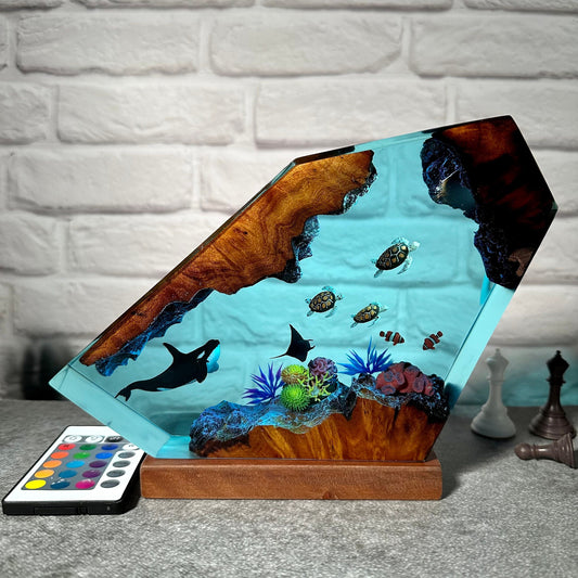 Orca resin epoxy night light, turtles resin art lamp, handmade resin gift