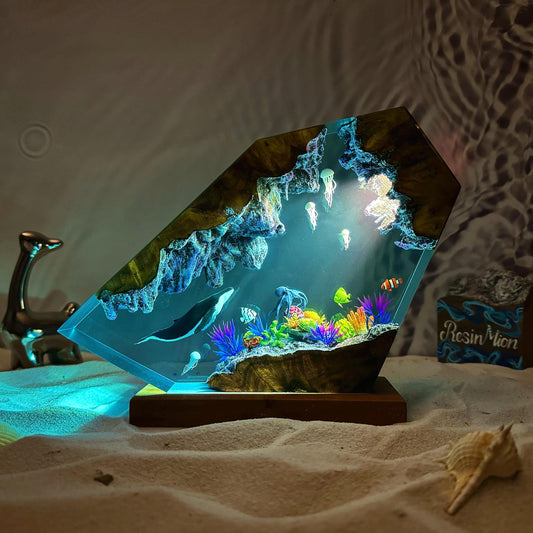 Humpback whale and Jellyfish resin night light, Epoxy and Wooden Night Lights, Home Decor