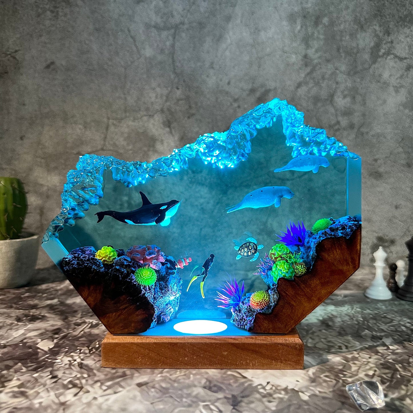 Orca shark and Manatees resin epoxy night light, resin custom gifts, ocean decor lamp, gift for her, home decor