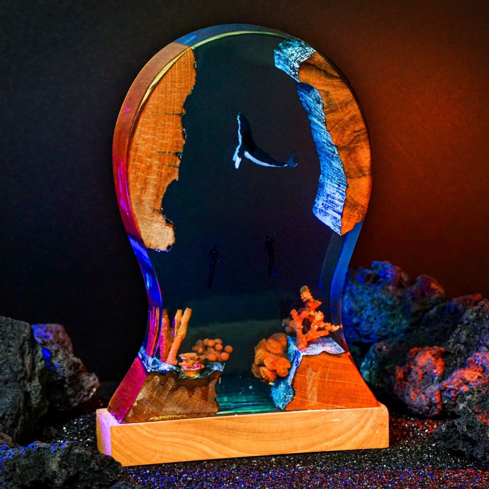 Whale and Divers Headphone Stand, Office Decor, Headset Holder, Resin Art Lamp