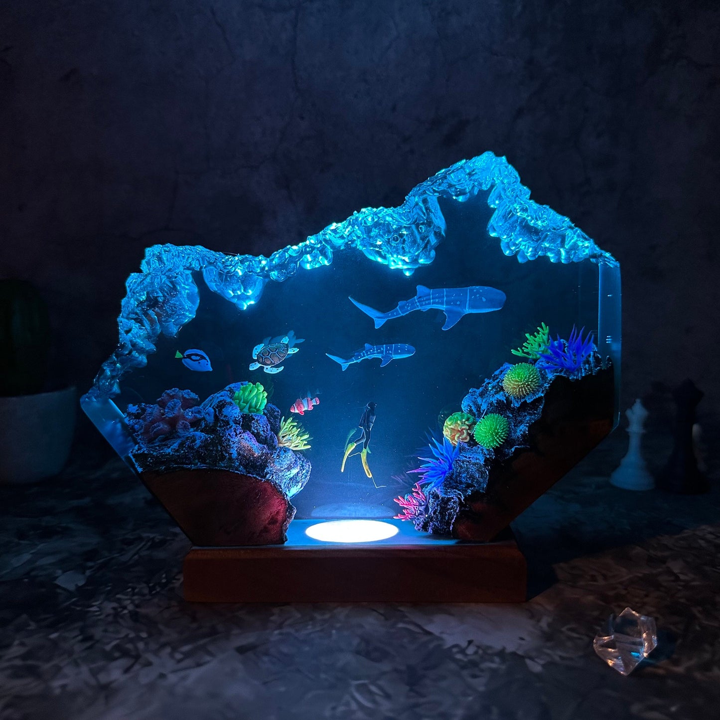 Whale sharks and turtle resin lamp, table decor lamp, ocean resin, handmade resin gifts, home decor