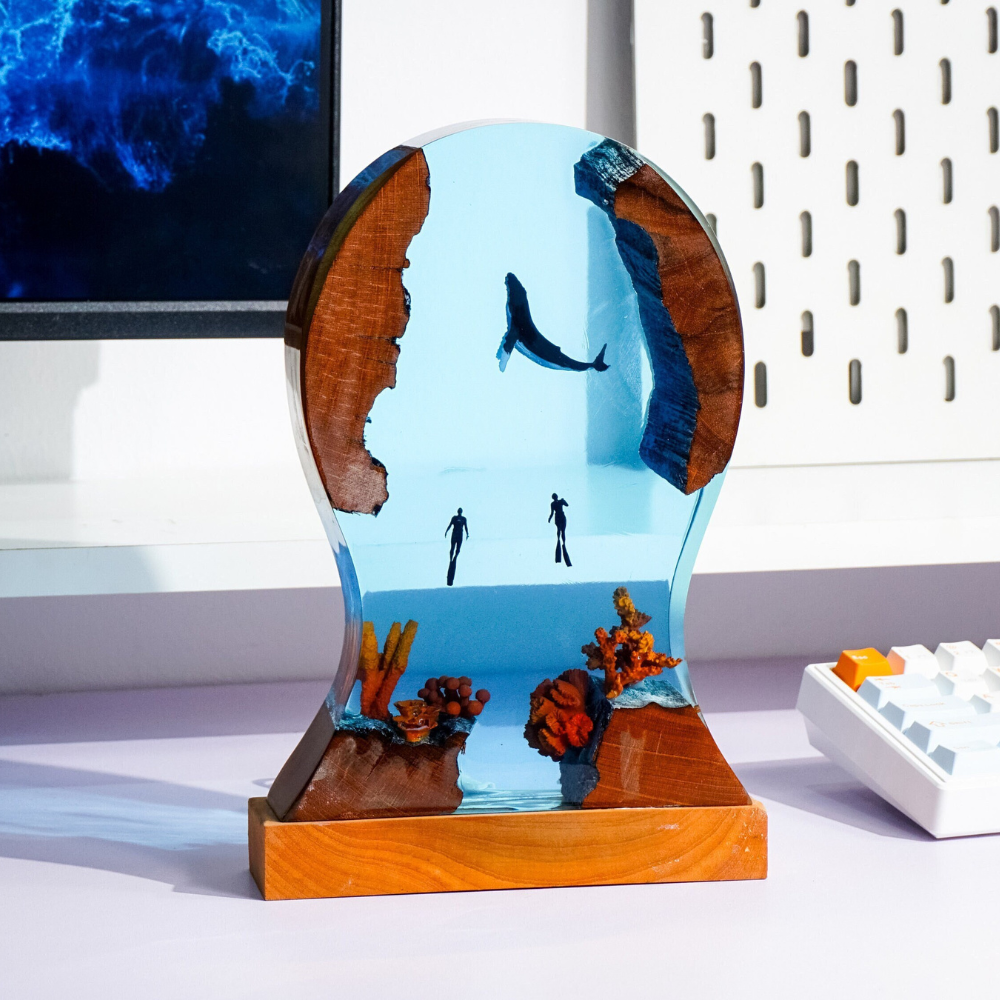 Whale and Divers Headphone Stand, Office Decor, Headset Holder, Resin Art Lamp