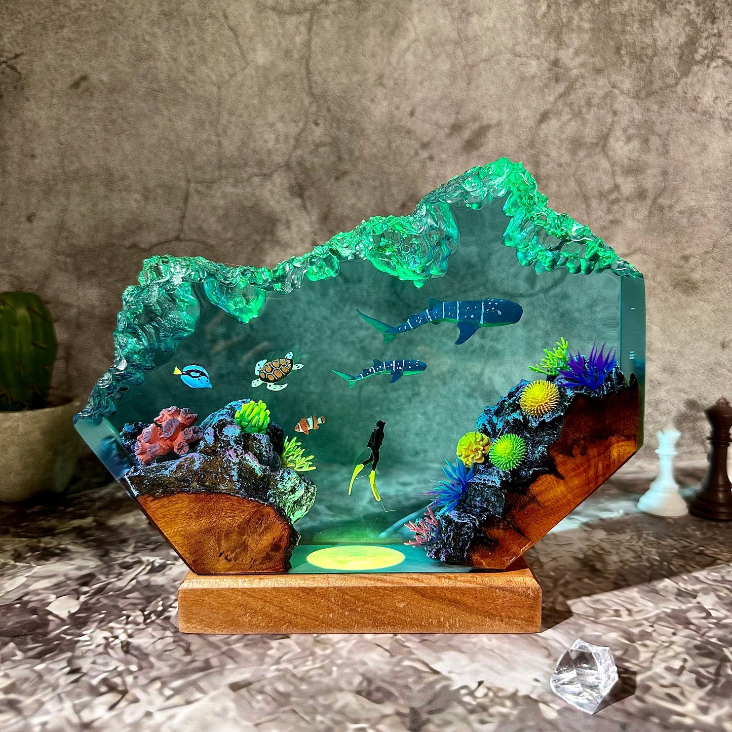 Whale sharks and turtle resin lamp, table decor lamp, ocean resin, handmade resin gifts, home decor