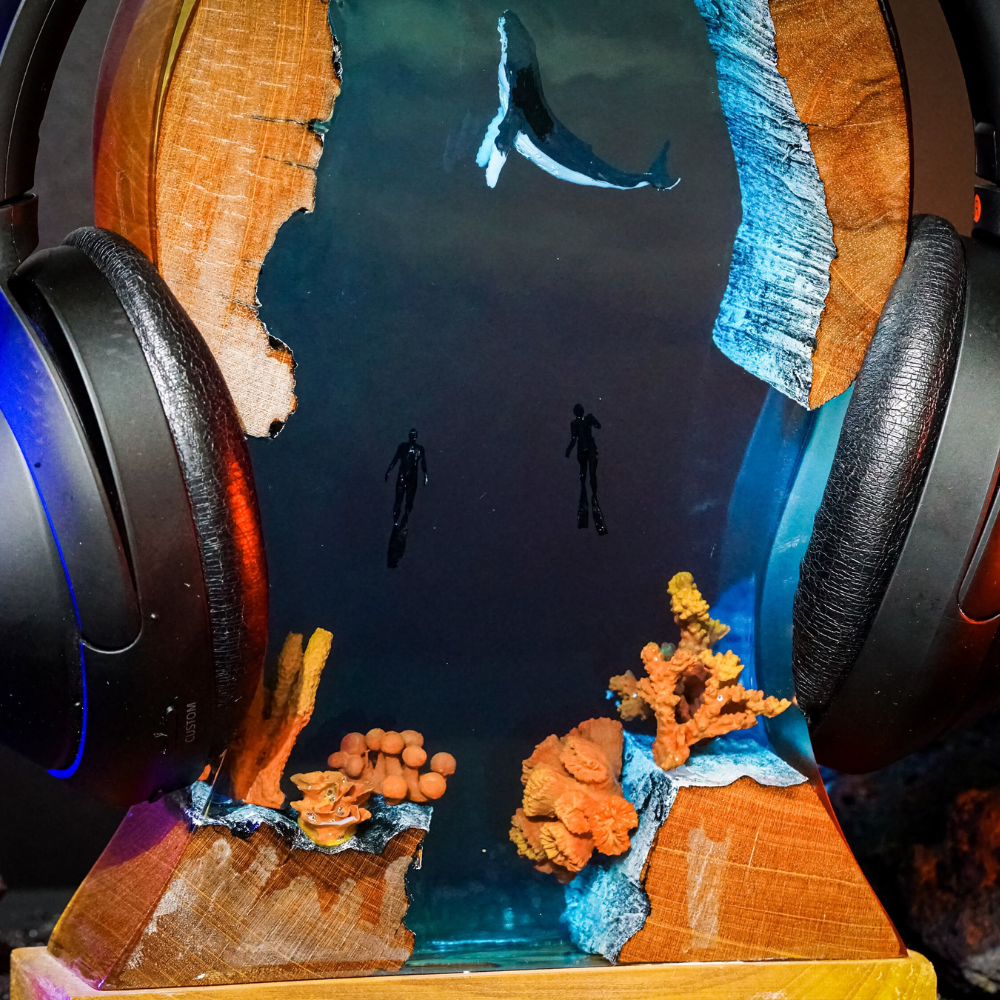 Whale and Divers Headphone Stand, Office Decor, Headset Holder, Resin Art Lamp