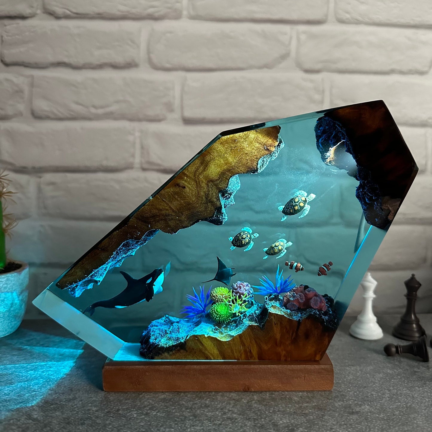 Orca resin epoxy night light, turtles resin art lamp, handmade resin gift