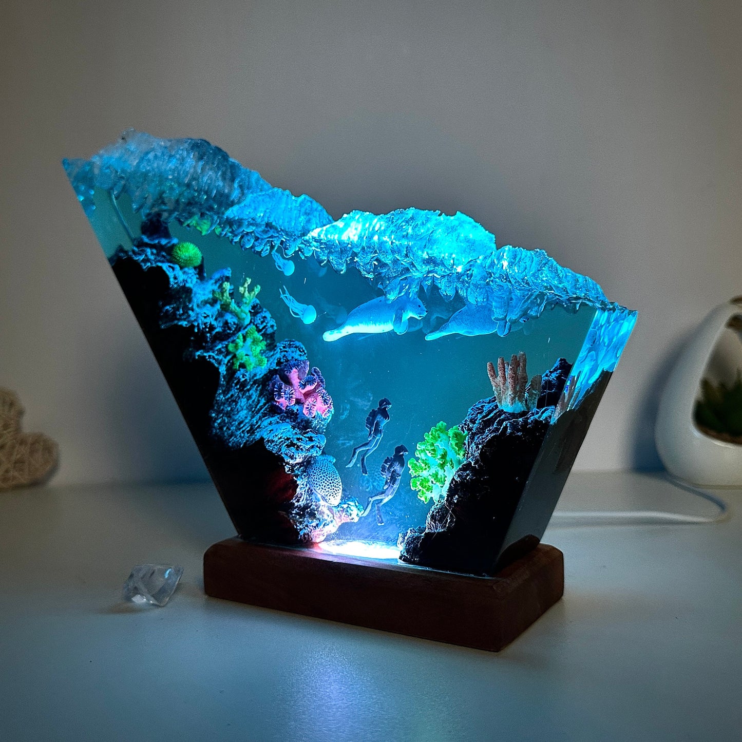 Manatees and scuba diver resin lamp, ocean resin epoxy, custom night light, gift for him