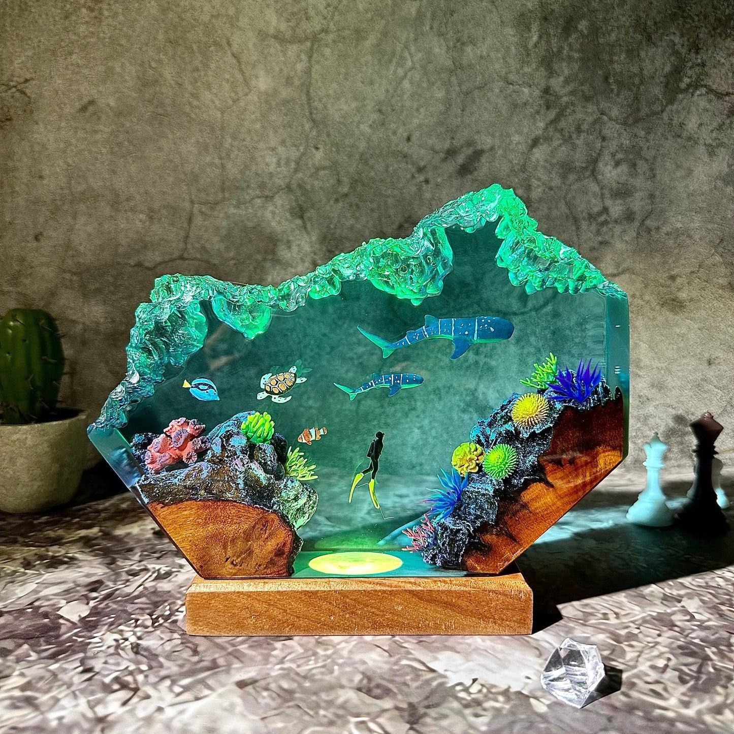 Whale sharks and turtle resin lamp, table decor lamp, ocean resin, handmade resin gifts, home decor