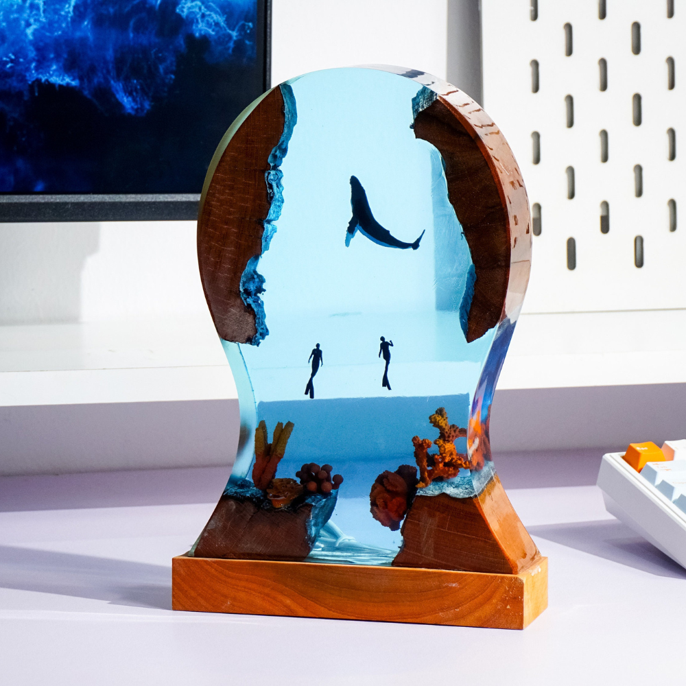 Whale and Divers Headphone Stand, Office Decor, Headset Holder, Resin Art Lamp