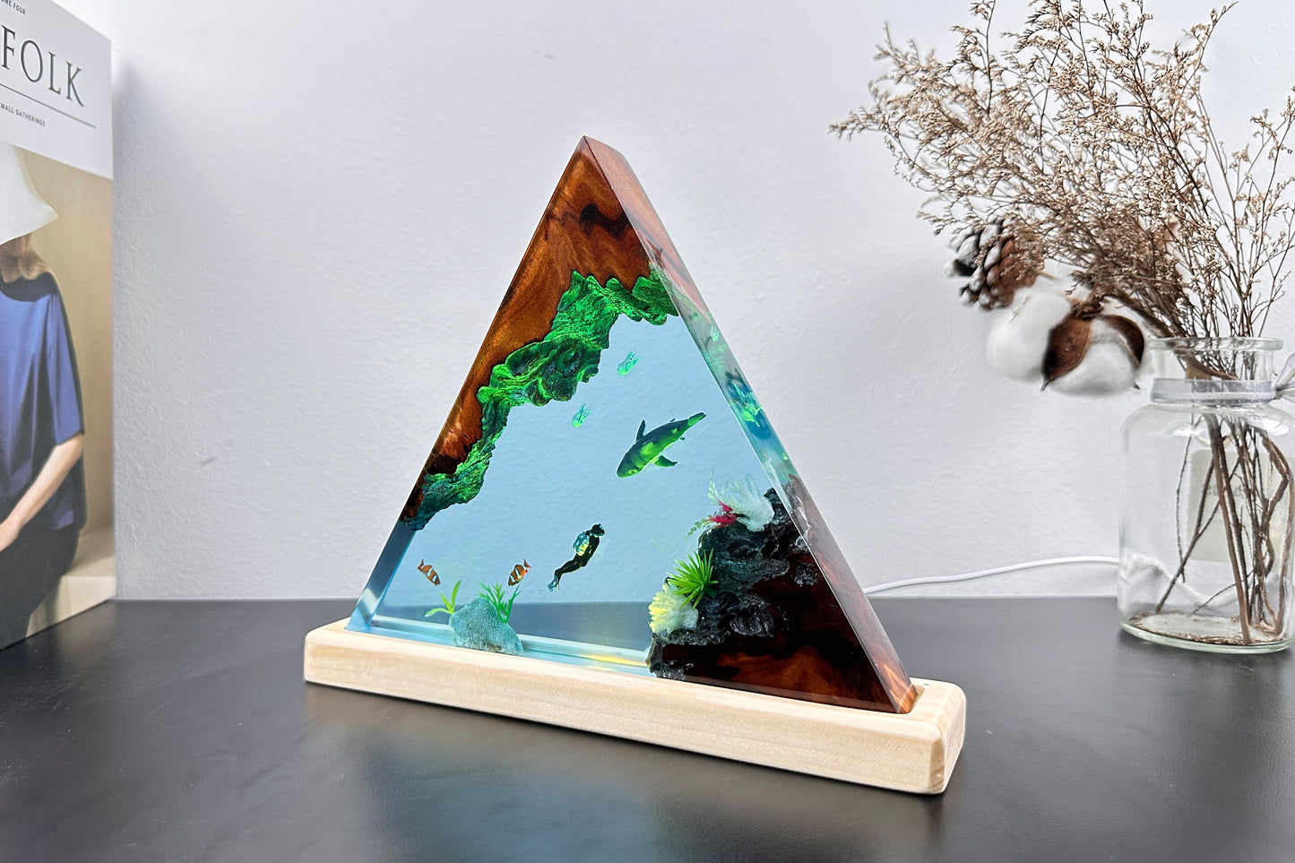 Shark & scuba diver resin lamp, deep blue sea resin lamp, bedside night light