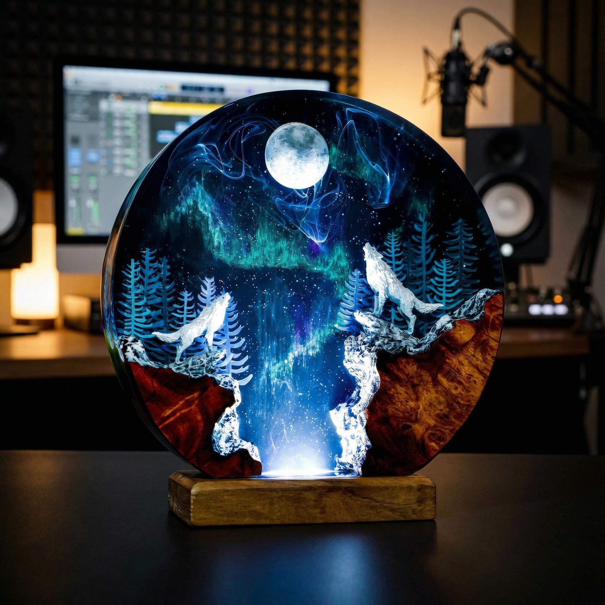 Howling Wolves Northern Lights Circular Lamp