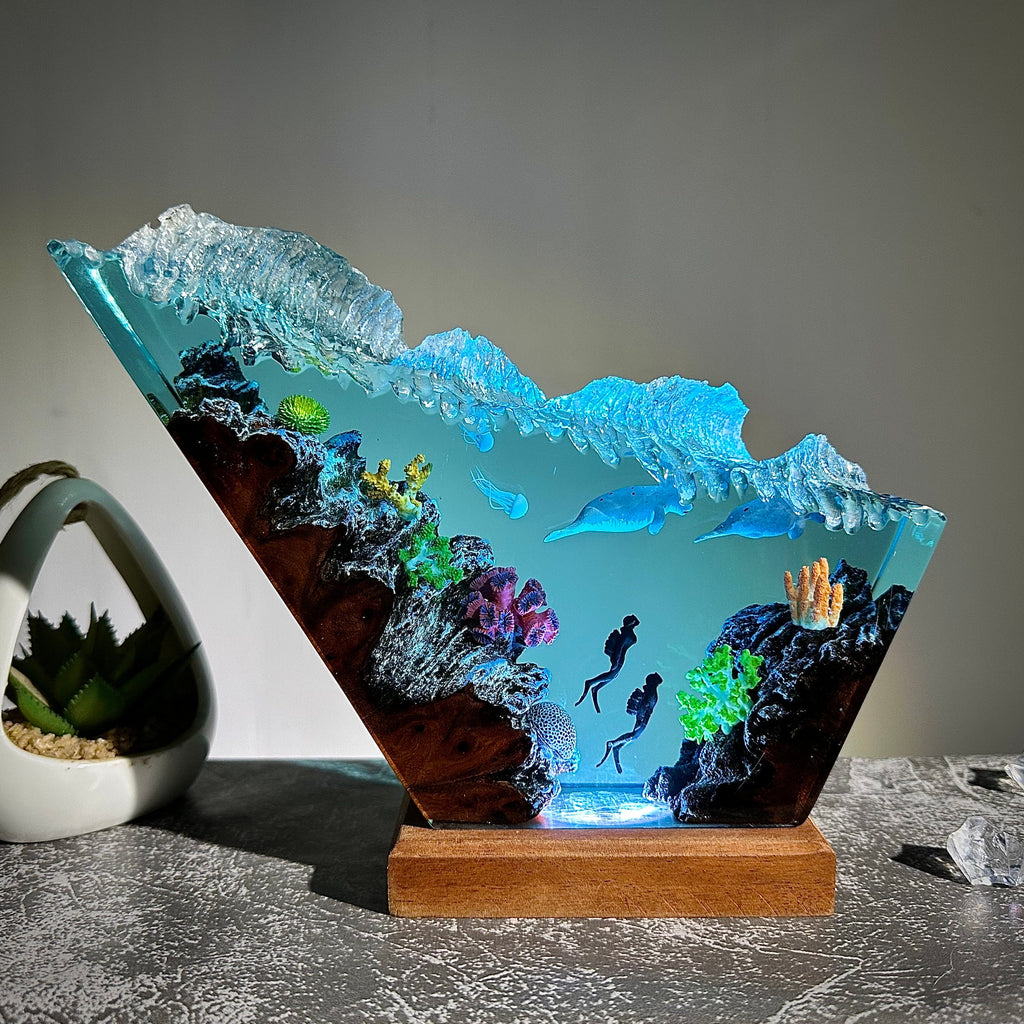 Manatees & Scuba Diver Ocean Resin Night Lamp
