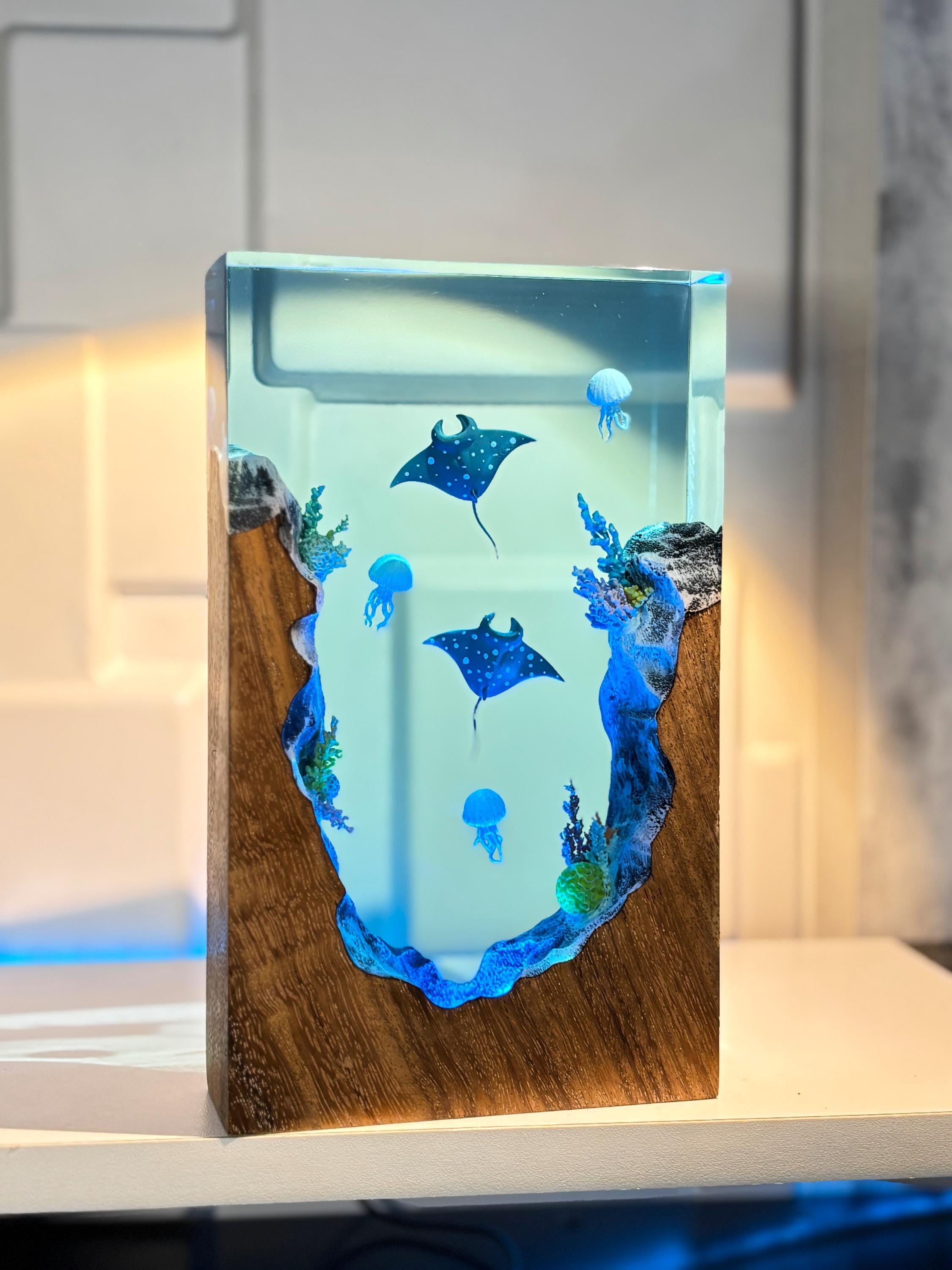 Manta Ray & Jellyfish Wood Block Lamp