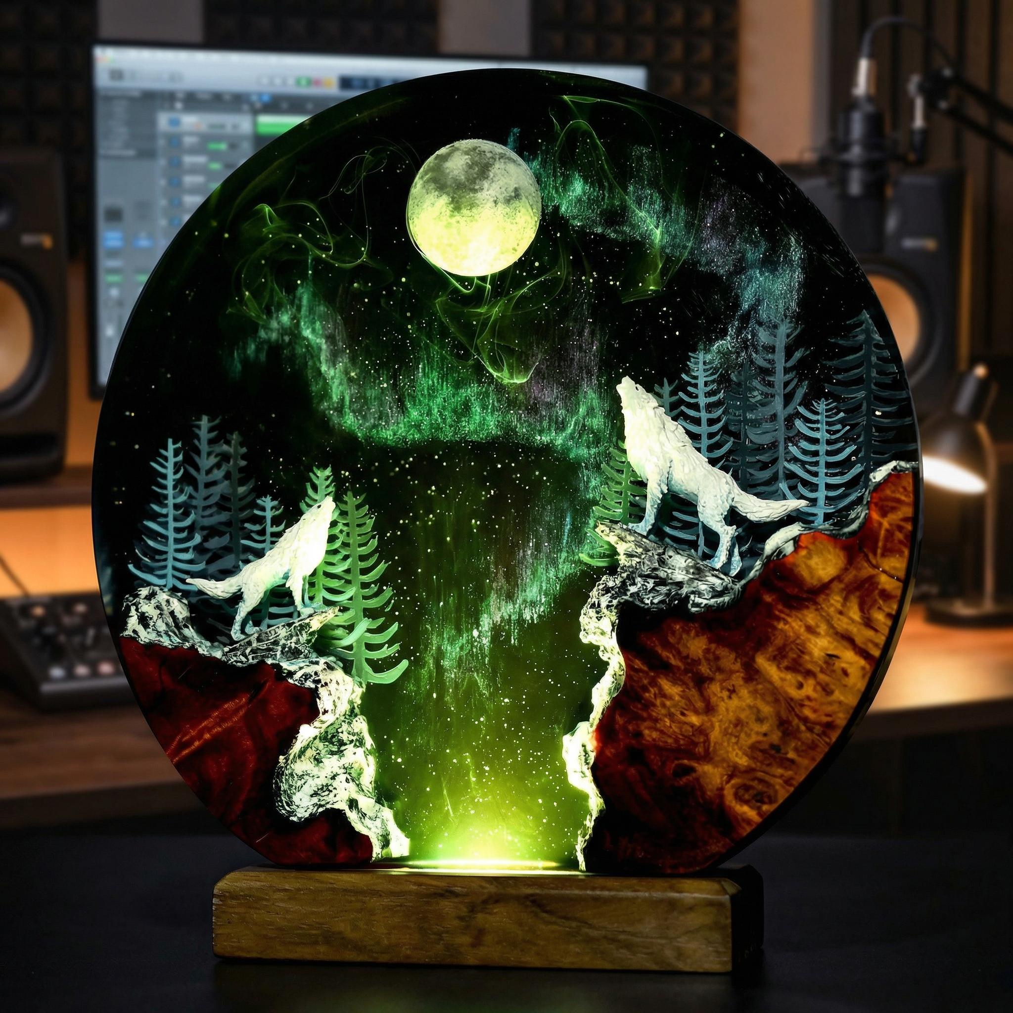 Howling Wolves Northern Lights Circular Lamp