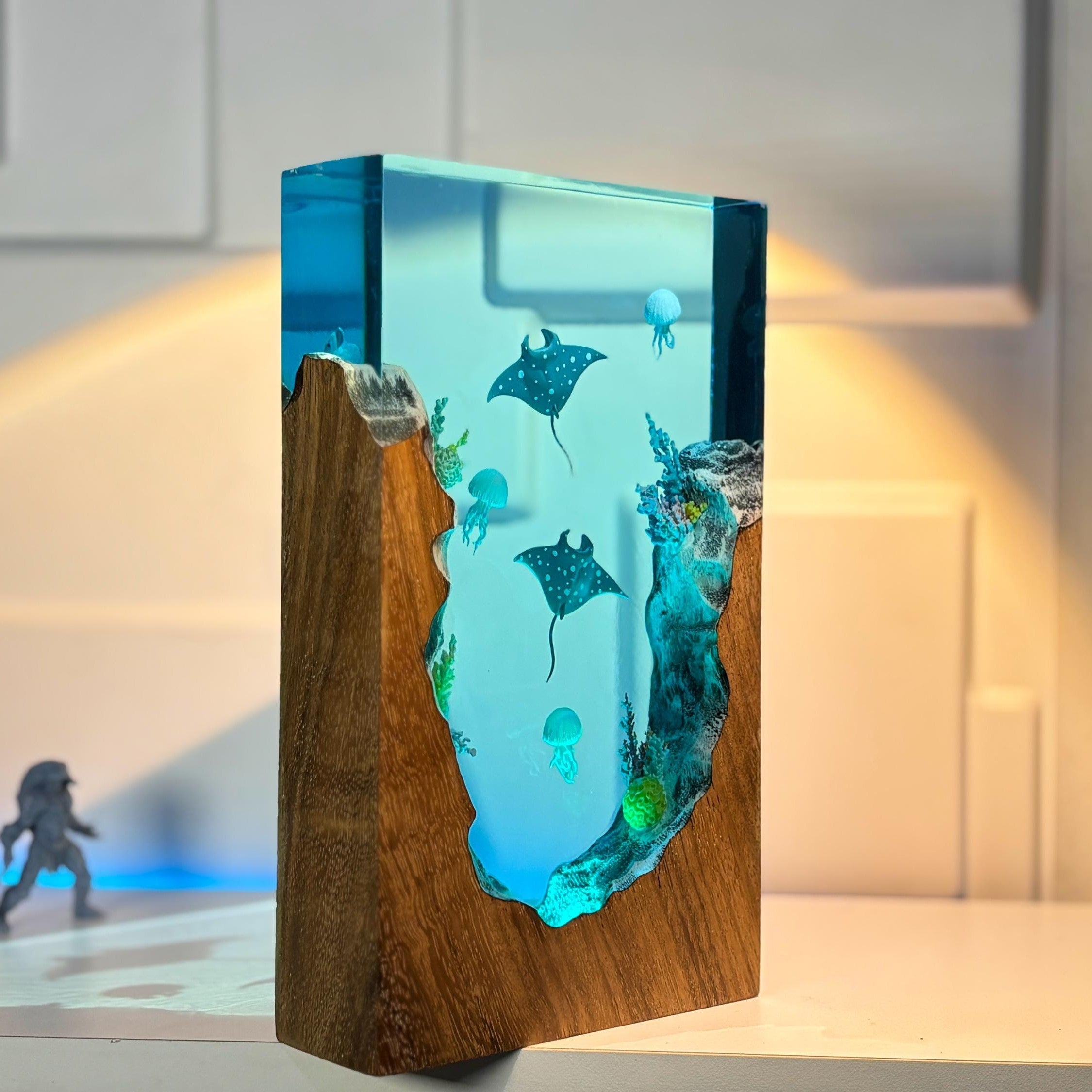 Manta Ray & Jellyfish Wood Block Lamp