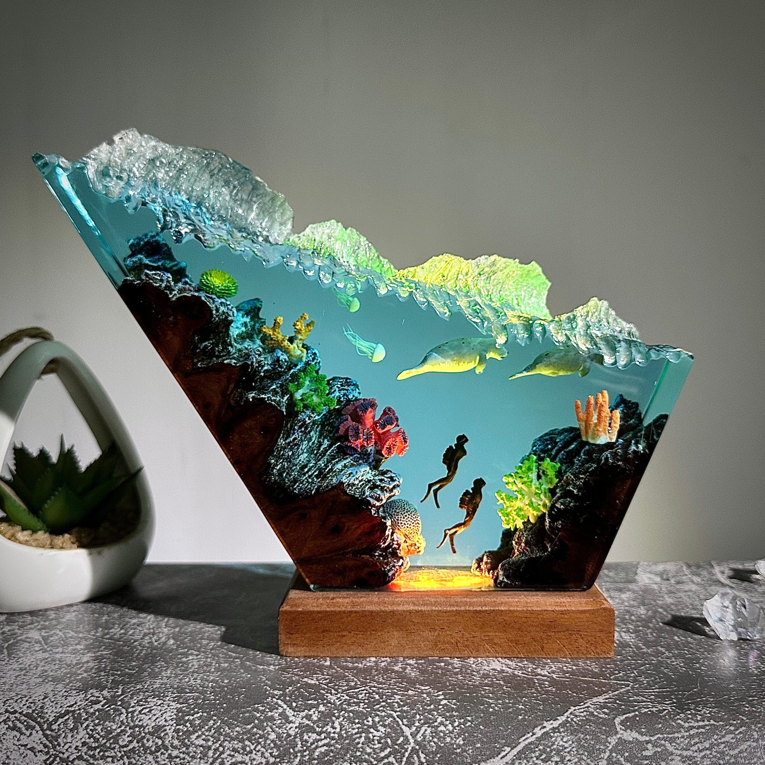 Manatees & Scuba Diver Ocean Resin Night Lamp