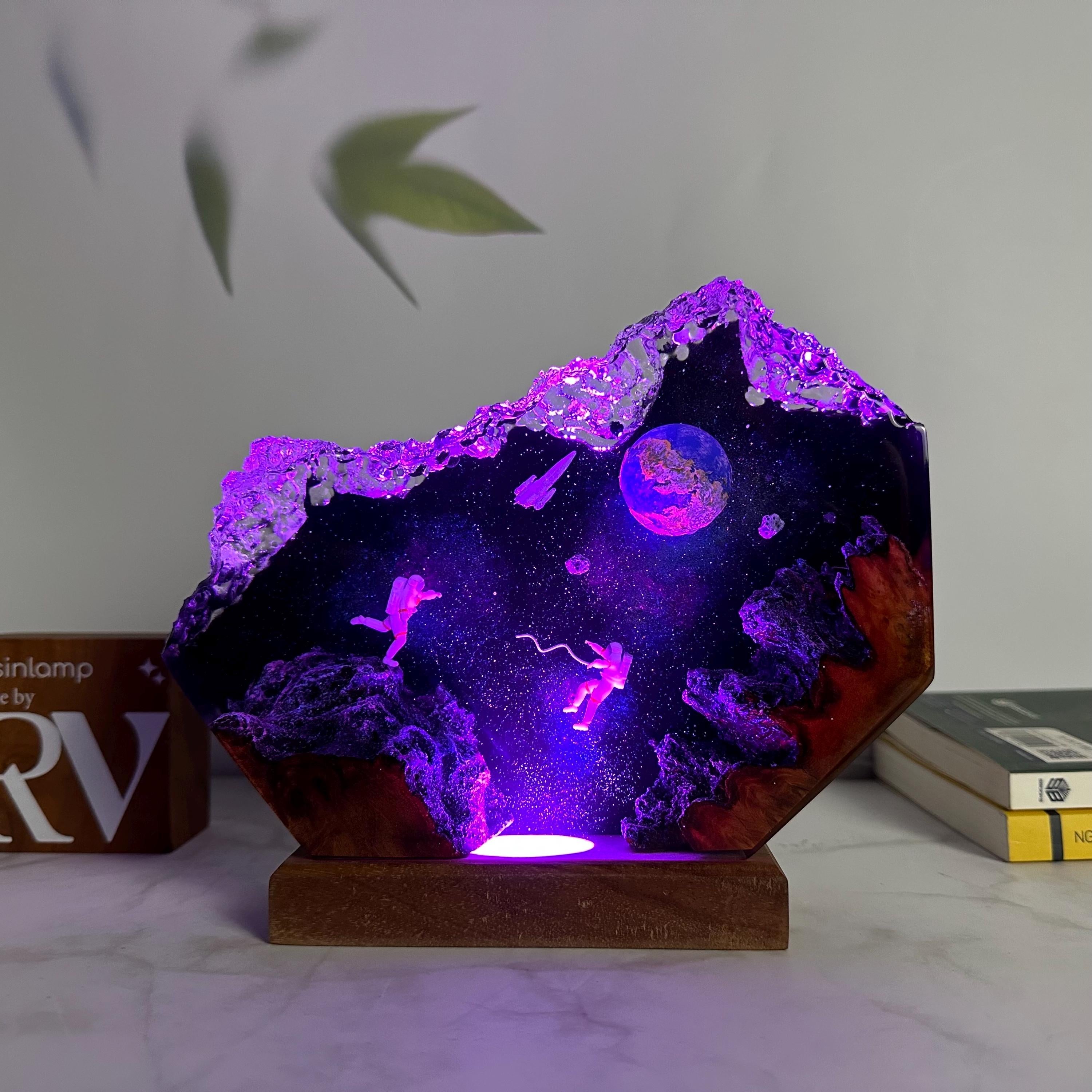 Astronaut Couple Galaxy Wood Resin Lamp