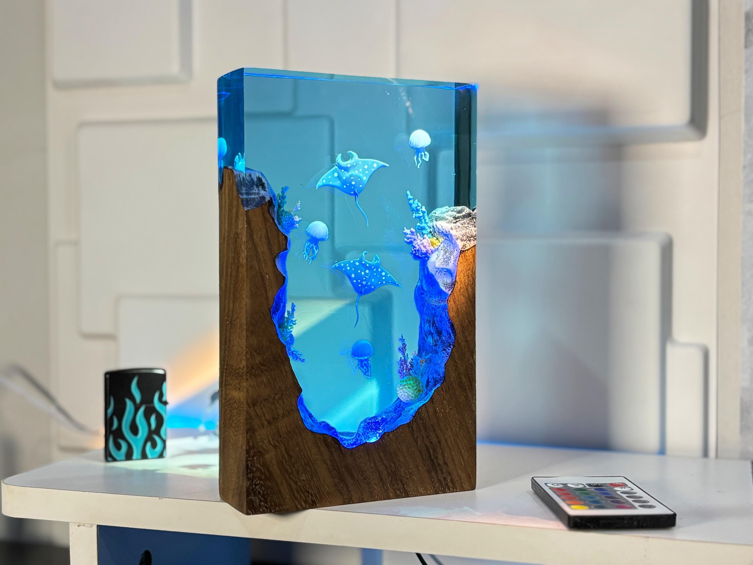 Manta Ray & Jellyfish Wood Block Lamp