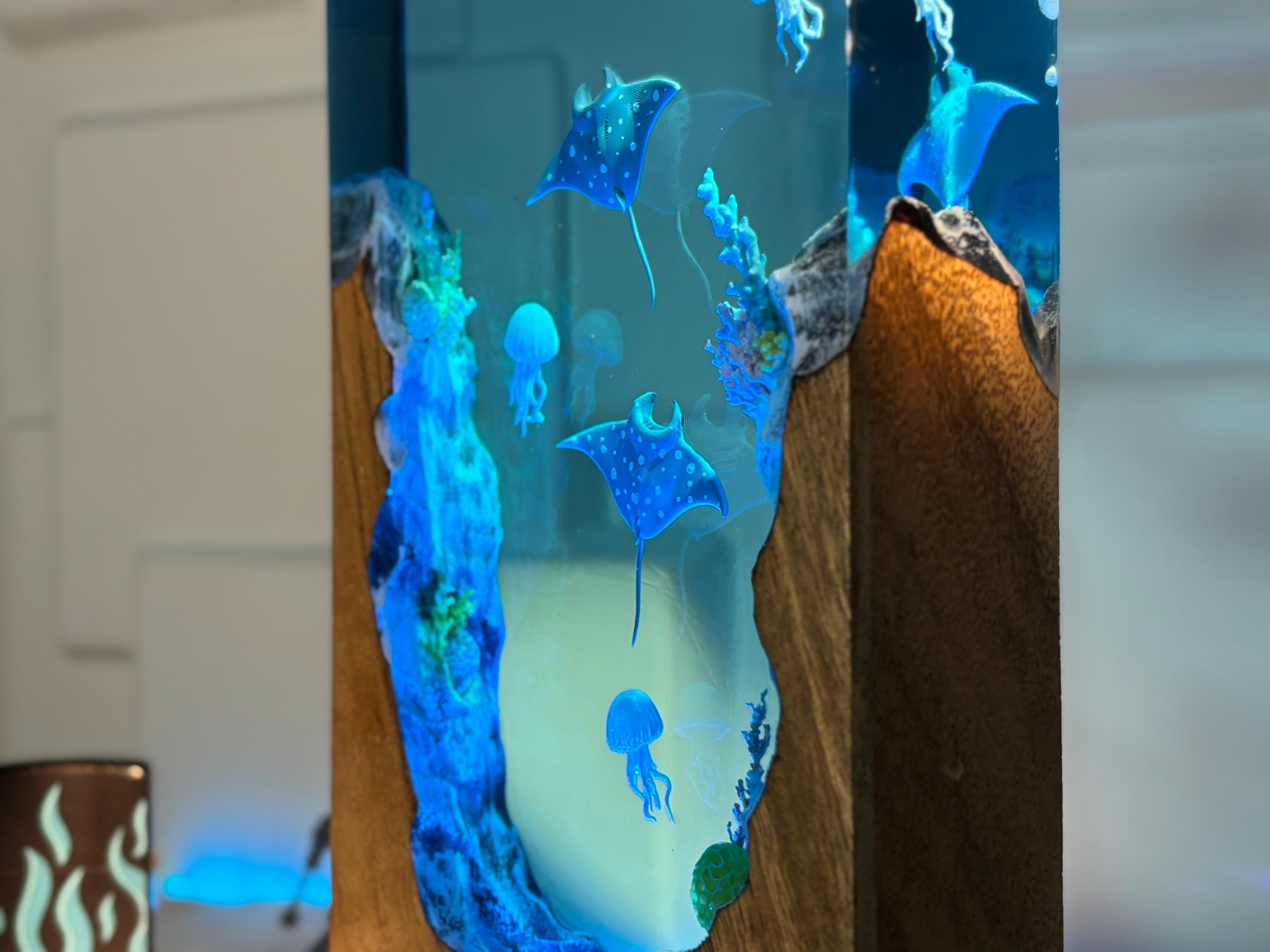 Manta Ray & Jellyfish Wood Block Lamp