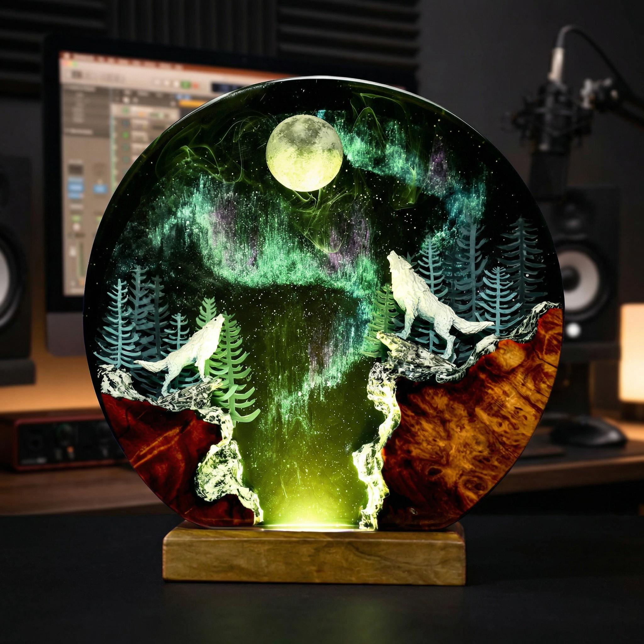 Howling Wolves Northern Lights Circular Lamp