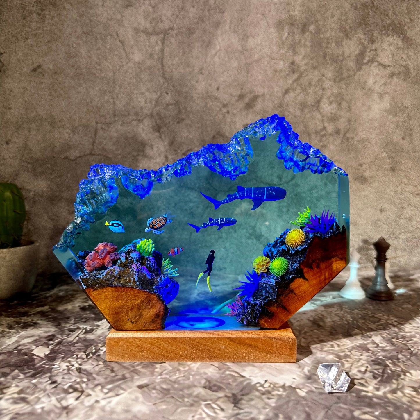 Whale sharks and turtle resin lamp, table decor lamp, ocean resin, handmade resin gifts, home decor