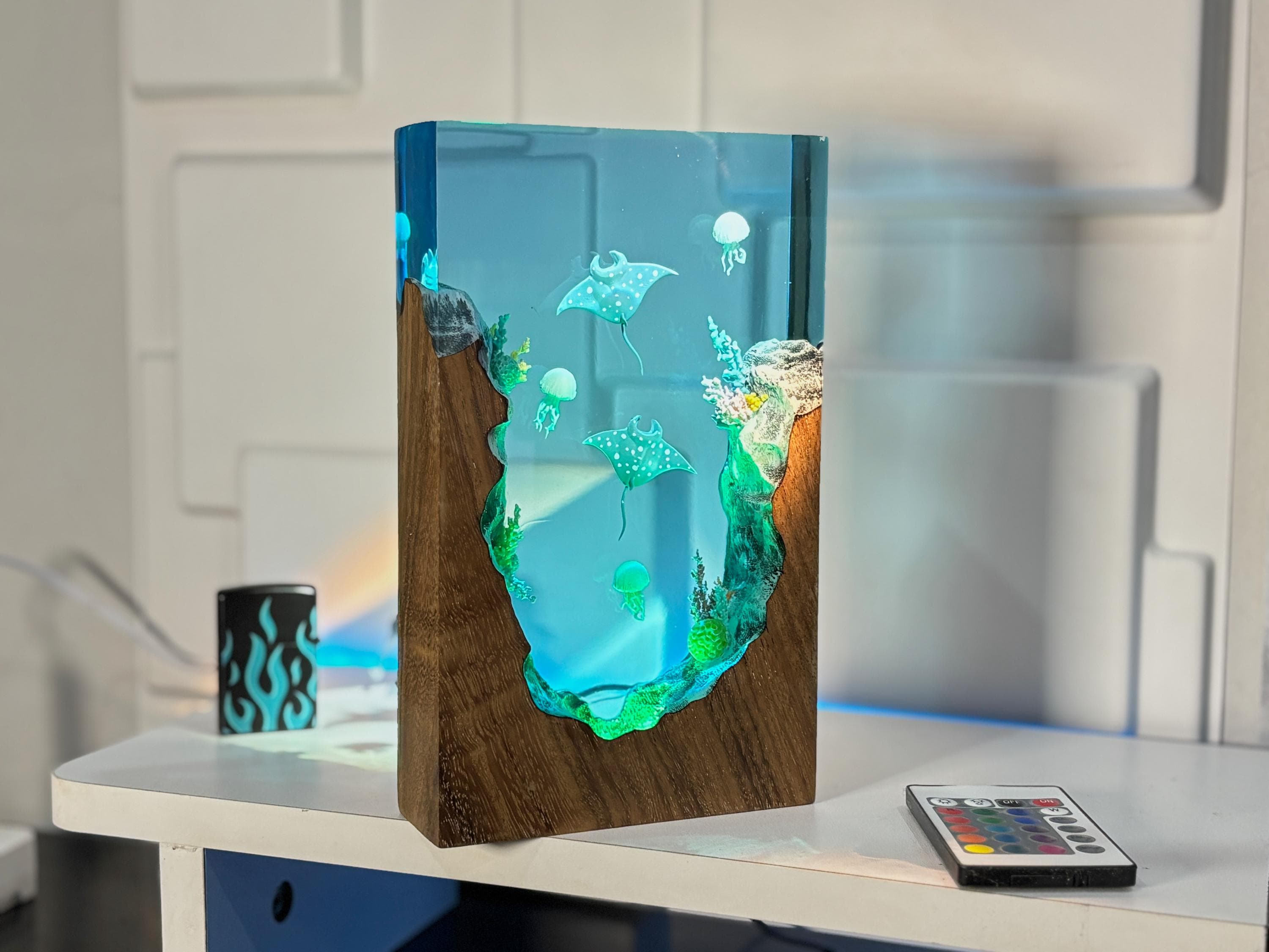 Manta Ray & Jellyfish Wood Block Lamp