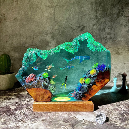 Whale sharks and turtle resin lamp, table decor lamp, ocean resin, handmade resin gifts, home decor