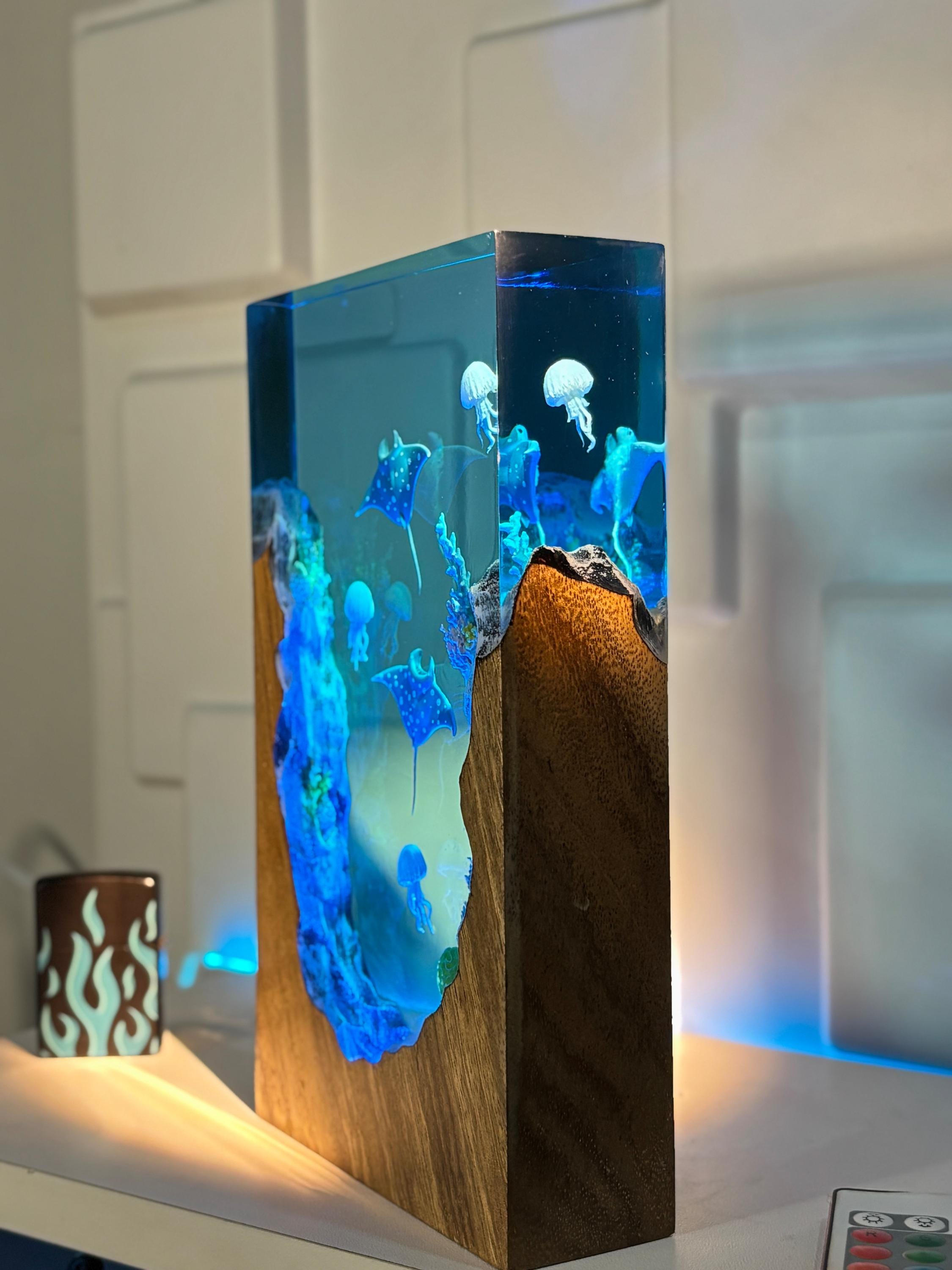 Manta Ray & Jellyfish Wood Block Lamp
