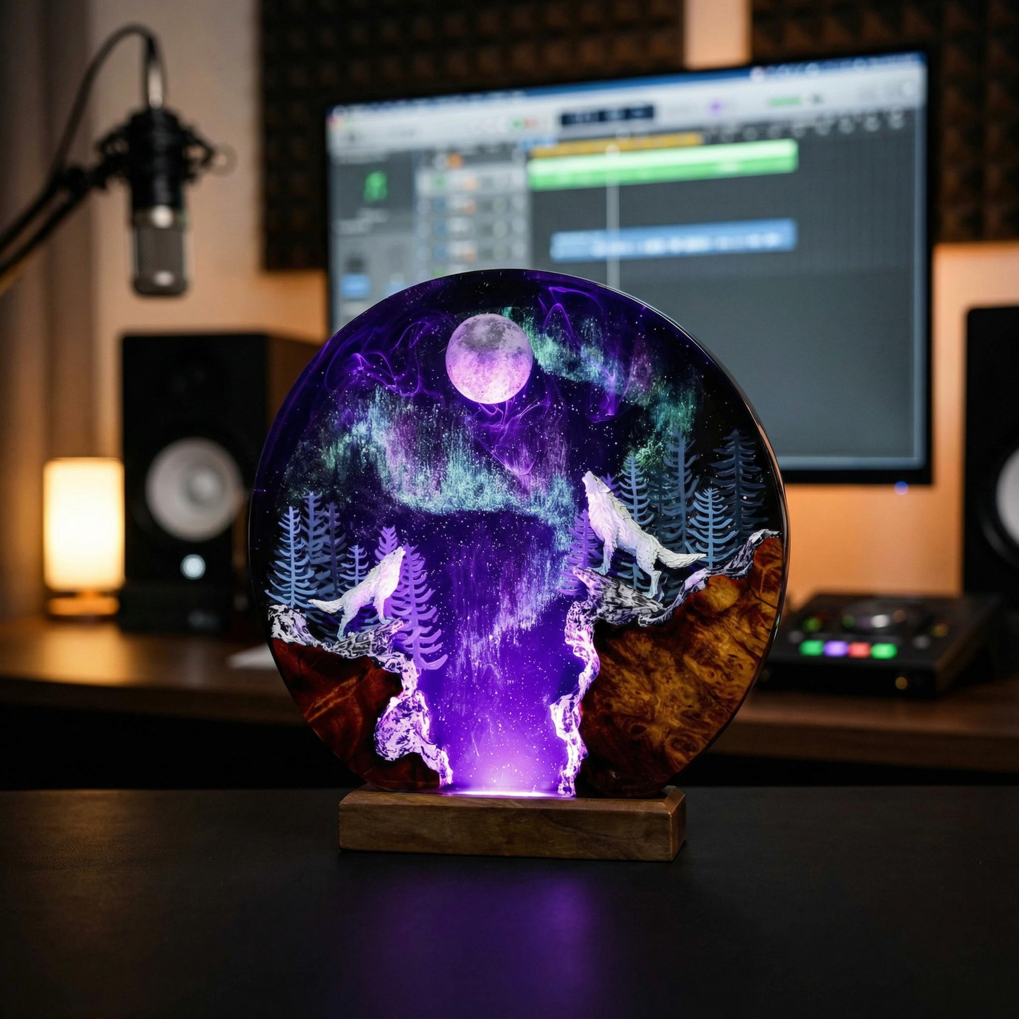 Howling Wolves Northern Lights Circular Lamp