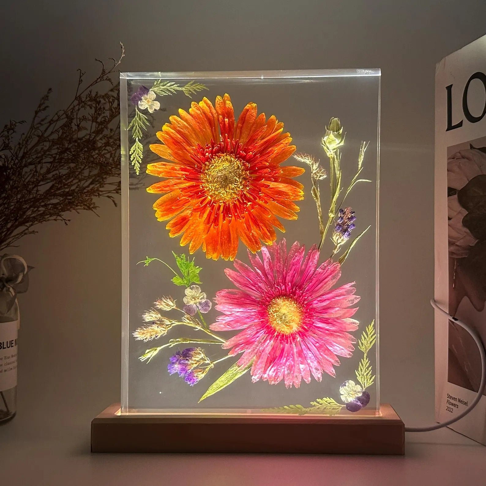 Orange & Pink Gerbera Resin Lamp