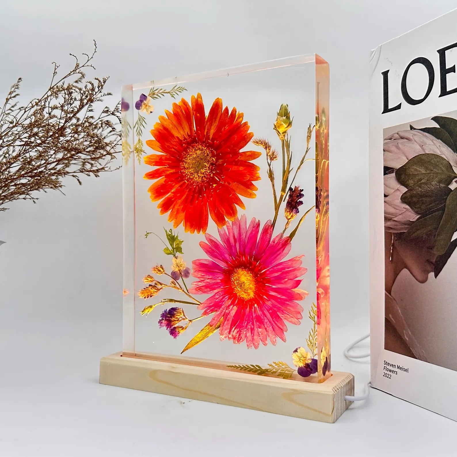 Orange & Pink Gerbera Resin Lamp