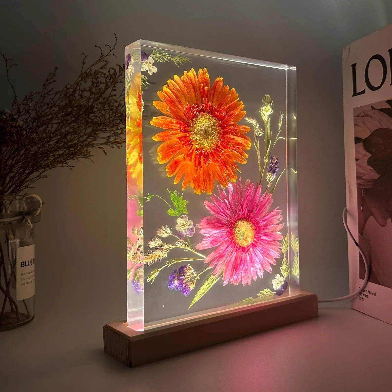 Orange & Pink Gerbera Resin Lamp