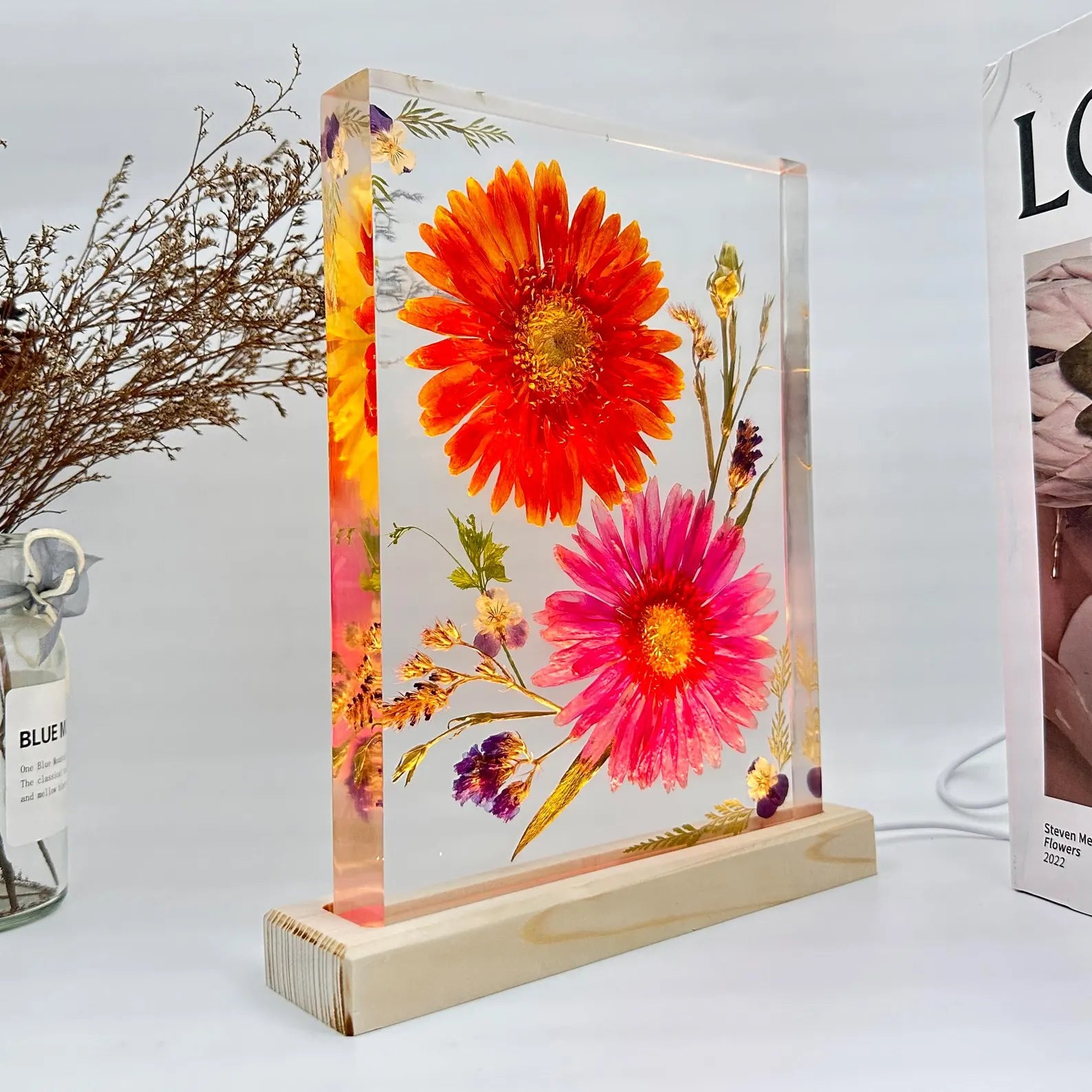 Orange & Pink Gerbera Resin Lamp