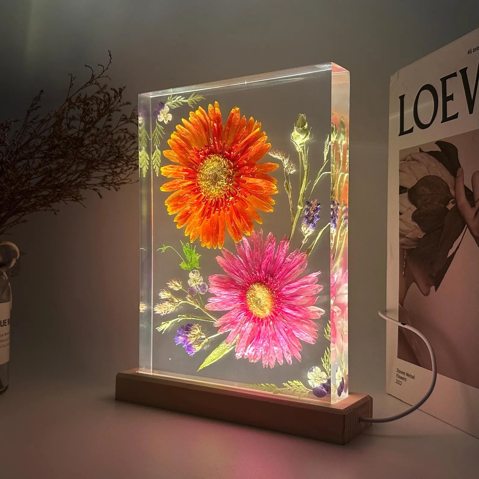 Orange & Pink Gerbera Resin Lamp